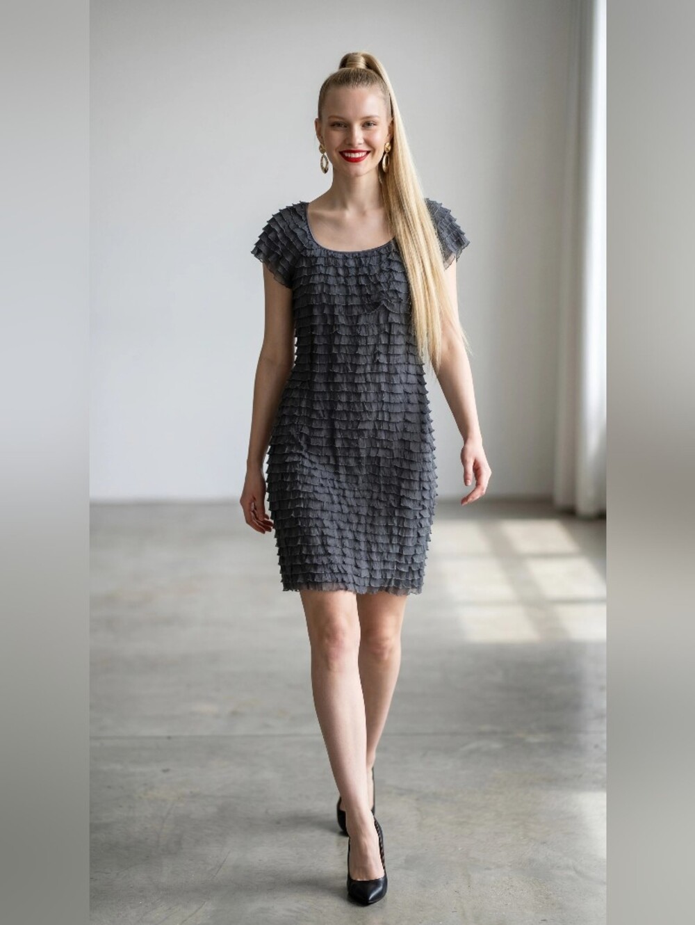 COCOMA Charcoal Ruffle Layered Shift Dress SIZE S/C